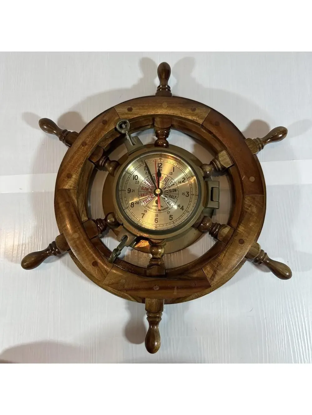 Vintage Chadburns Nautical Porthole Ship Wheel Wall Clock Wooden Brass 18 1/2”